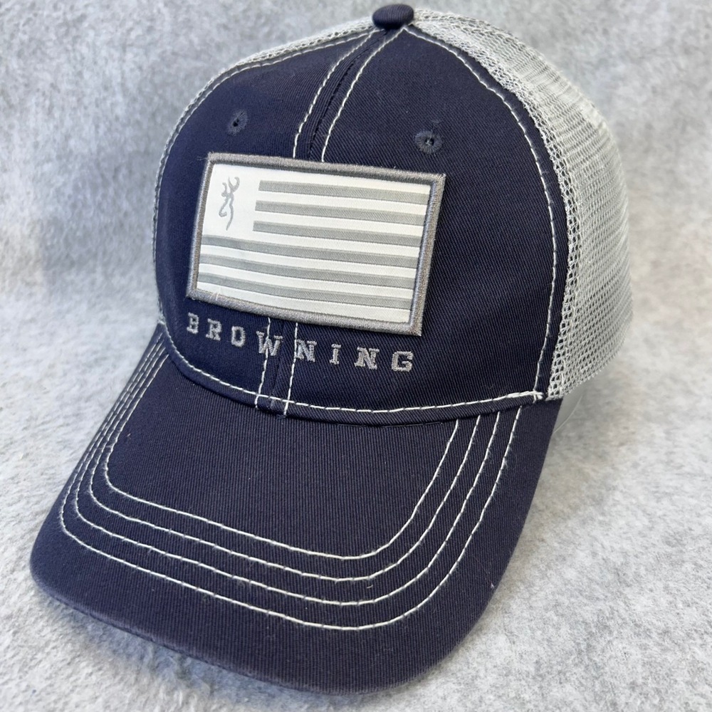 Browning American Flag Buckmark Mens Navy Trucker Hat Mesh Snapback Cap OSFA